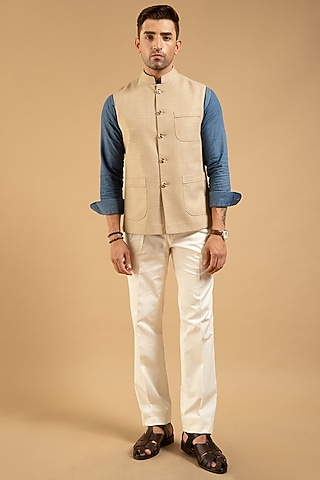 Beige Polyester Blend Vest by Gargee Designers