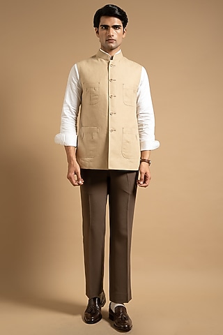 Beige Polyester Blend Vest by Gargee Designers