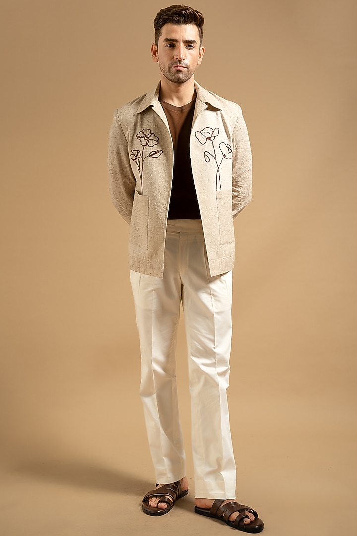 Beige Linen Blend Floral Embroidered Shacket by Gargee Designers at Pernia's Pop Up Shop