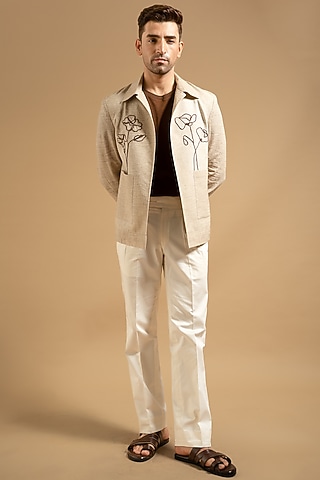 Beige Linen Blend Floral Embroidered Shacket by Gargee Designers