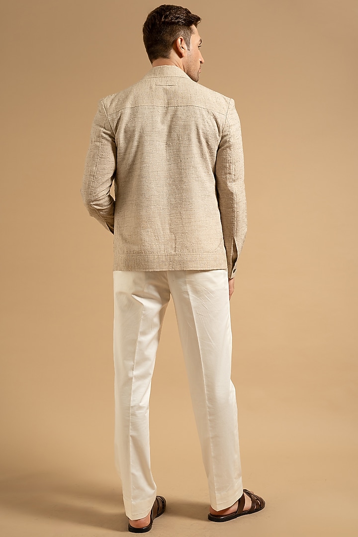 Beige Linen Blend Floral Embroidered Shacket by Gargee Designers at Pernia's Pop Up Shop