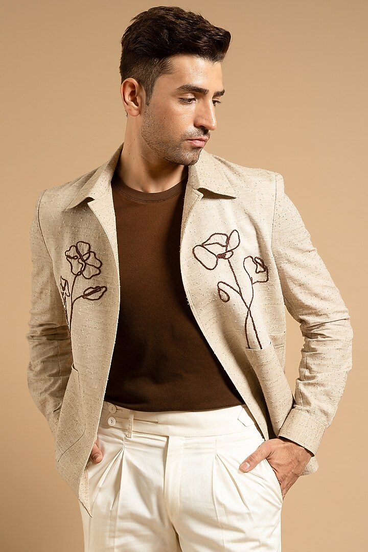 Beige Linen Blend Floral Embroidered Shacket by Gargee Designers at Pernia's Pop Up Shop