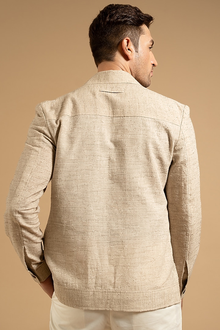 Beige Linen Blend Floral Embroidered Shacket by Gargee Designers at Pernia's Pop Up Shop
