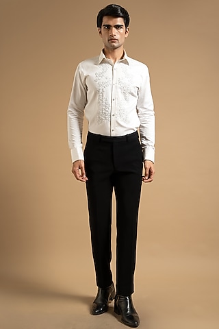 White Polyester Satin Shirt by Gargee Designers