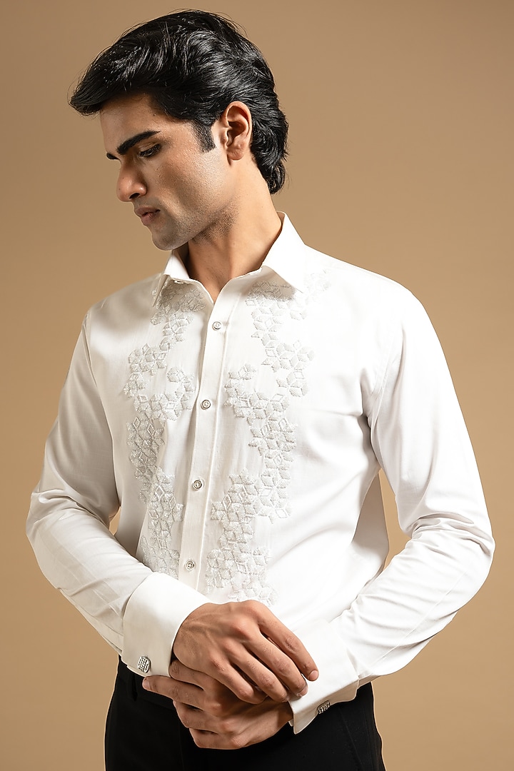 White Polyester Satin Wedding Shirt by Gargee Designers at Pernia's Pop Up Shop