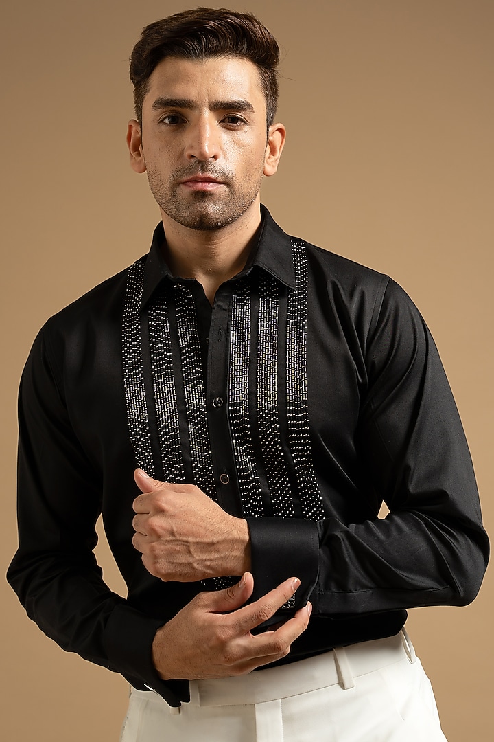 Black Polyester Satin Party Wear Shirt by Gargee Designers at Pernia's Pop Up Shop