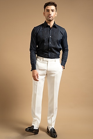 Blue Polyester Satin Embroidered Shirt by Gargee Designers