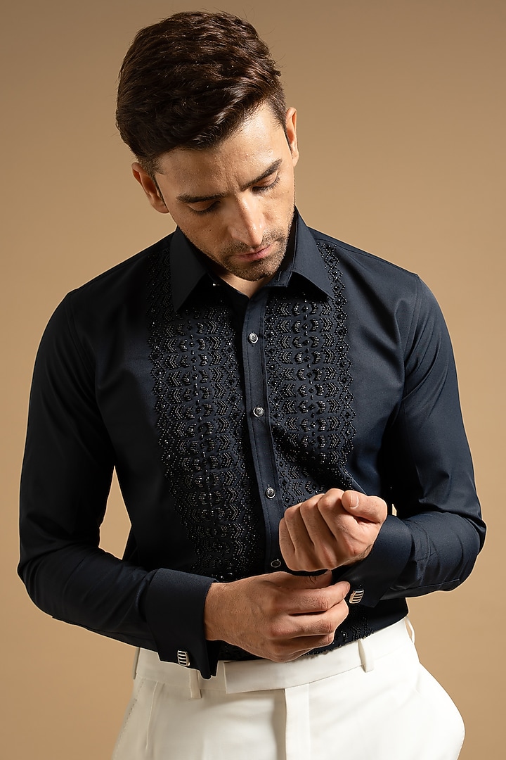 Blue Polyester Satin Embroidered Wedding Shirt by Gargee Designers at Pernia's Pop Up Shop