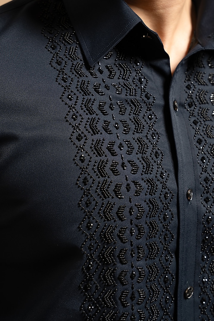 Blue Polyester Satin Embroidered Wedding Shirt by Gargee Designers at Pernia's Pop Up Shop
