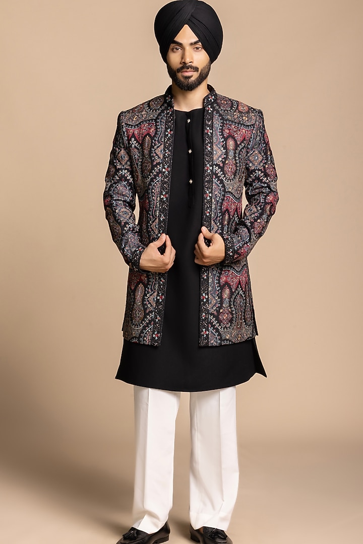 Black Cotton Silk Embroidered Jacket Set by Gargee Designers at Pernia's Pop Up Shop