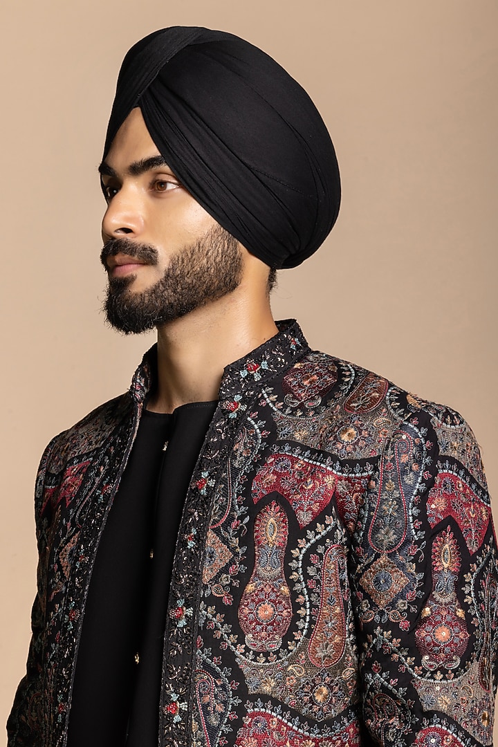 Black Cotton Silk Embroidered Jacket Set by Gargee Designers at Pernia's Pop Up Shop