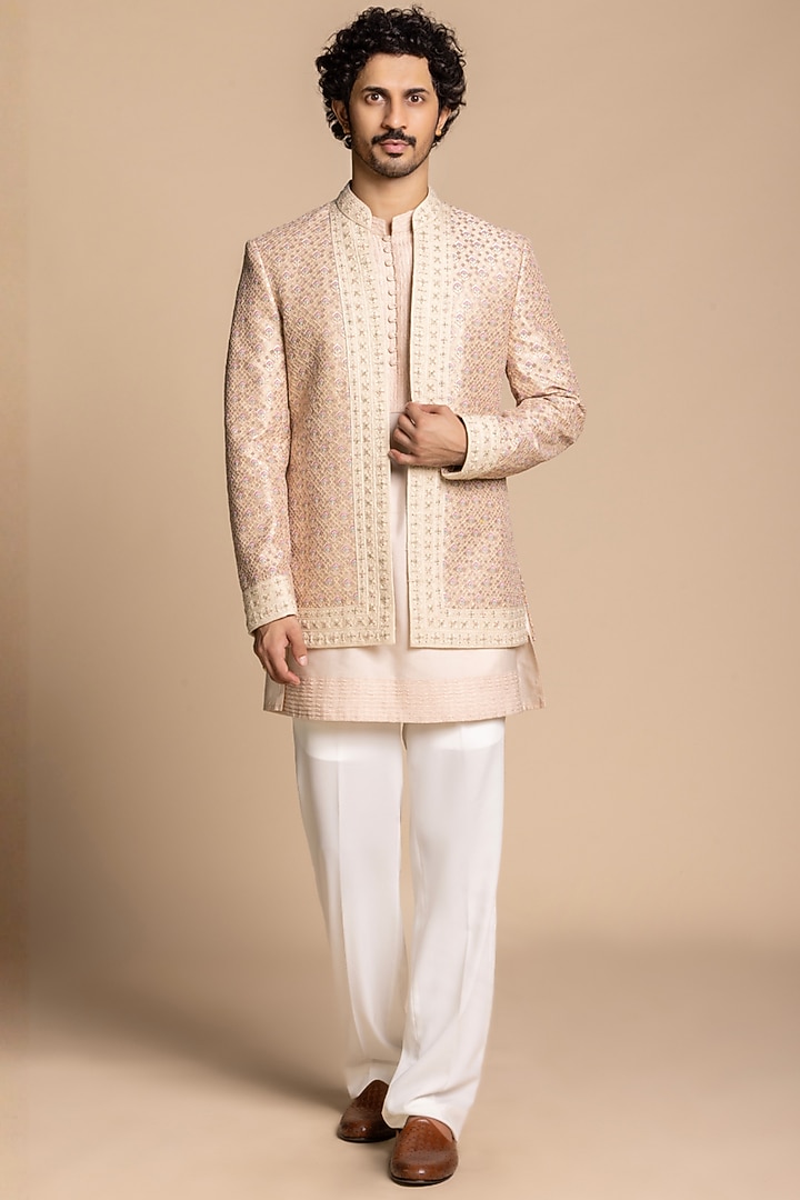 Blush Pink Cotton Silk Embroidered Bundi Jacket Set by Gargee Designers at Pernia's Pop Up Shop