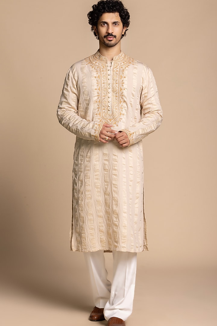 Beige Tencel Fabric Dori Embroidered Kurta Set by Gargee Designers at Pernia's Pop Up Shop