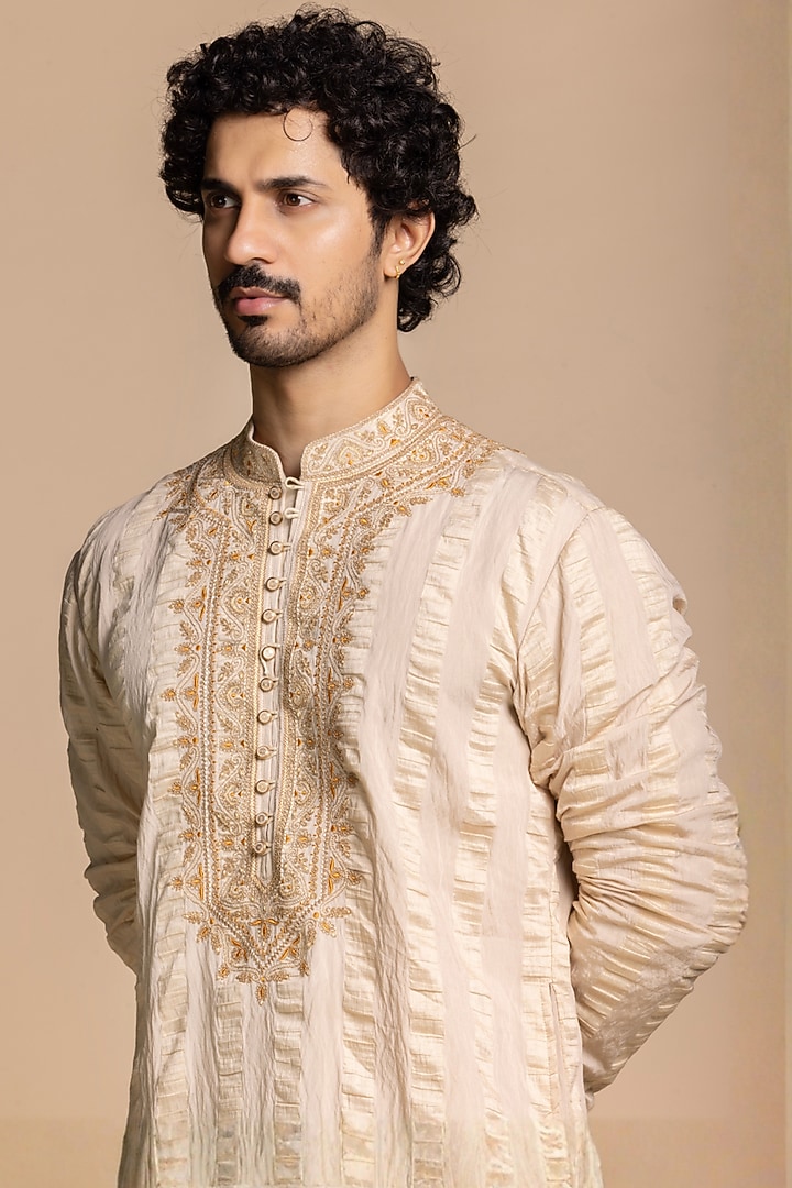 Beige Tencel Fabric Dori Embroidered Kurta Set by Gargee Designers at Pernia's Pop Up Shop