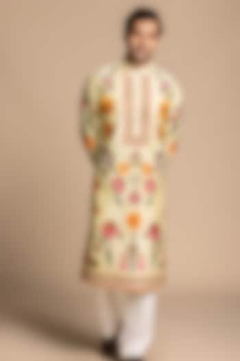 Butter Yellow Chanderi Silk Floral Embroidered Kurta Set by Gargee Designers at Pernia's Pop Up Shop