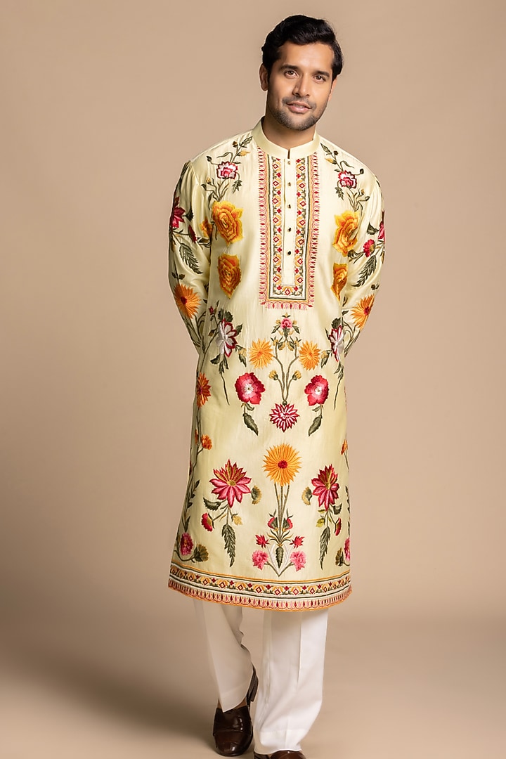 Butter Yellow Chanderi Silk Floral Embroidered Kurta Set by Gargee Designers at Pernia's Pop Up Shop