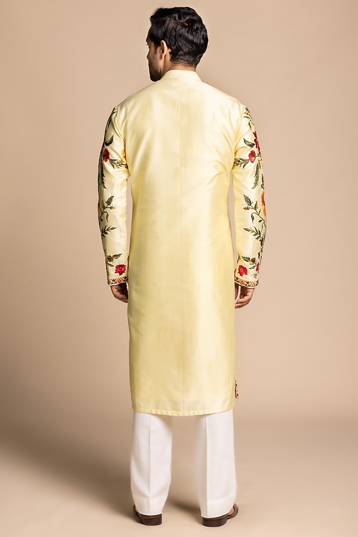 Butter Yellow Chanderi Silk Floral Embroidered Kurta Set by Gargee Designers at Pernia's Pop Up Shop
