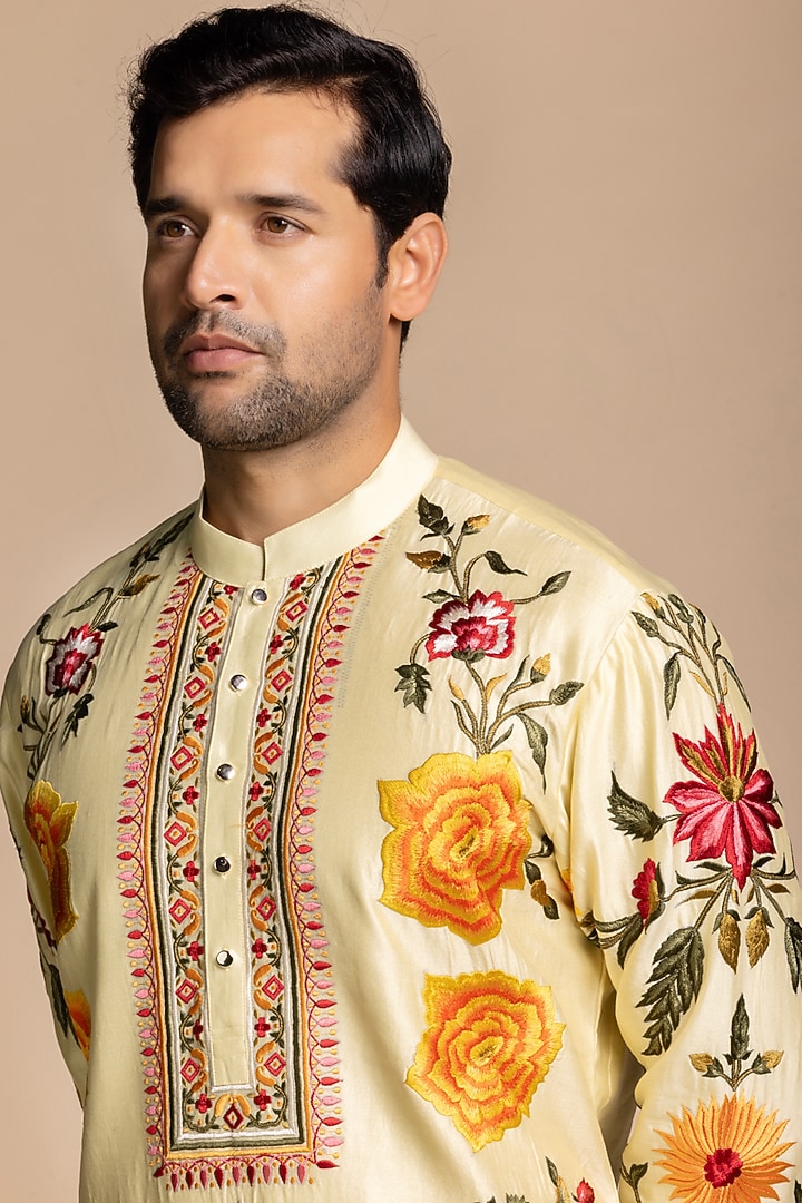 Butter Yellow Chanderi Silk Floral Embroidered Kurta Set by Gargee Designers at Pernia's Pop Up Shop