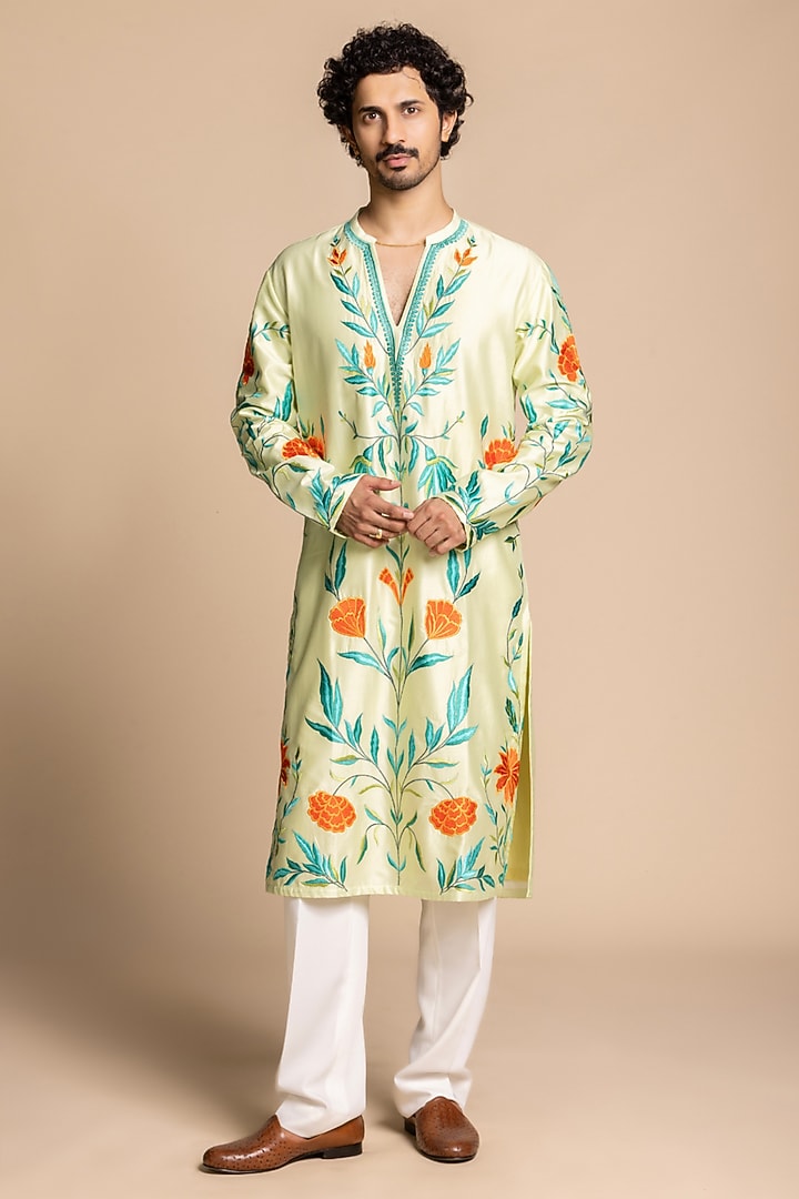 Mint Chanderi Silk Floral Embroidered Kurta Set by Gargee Designers at Pernia's Pop Up Shop