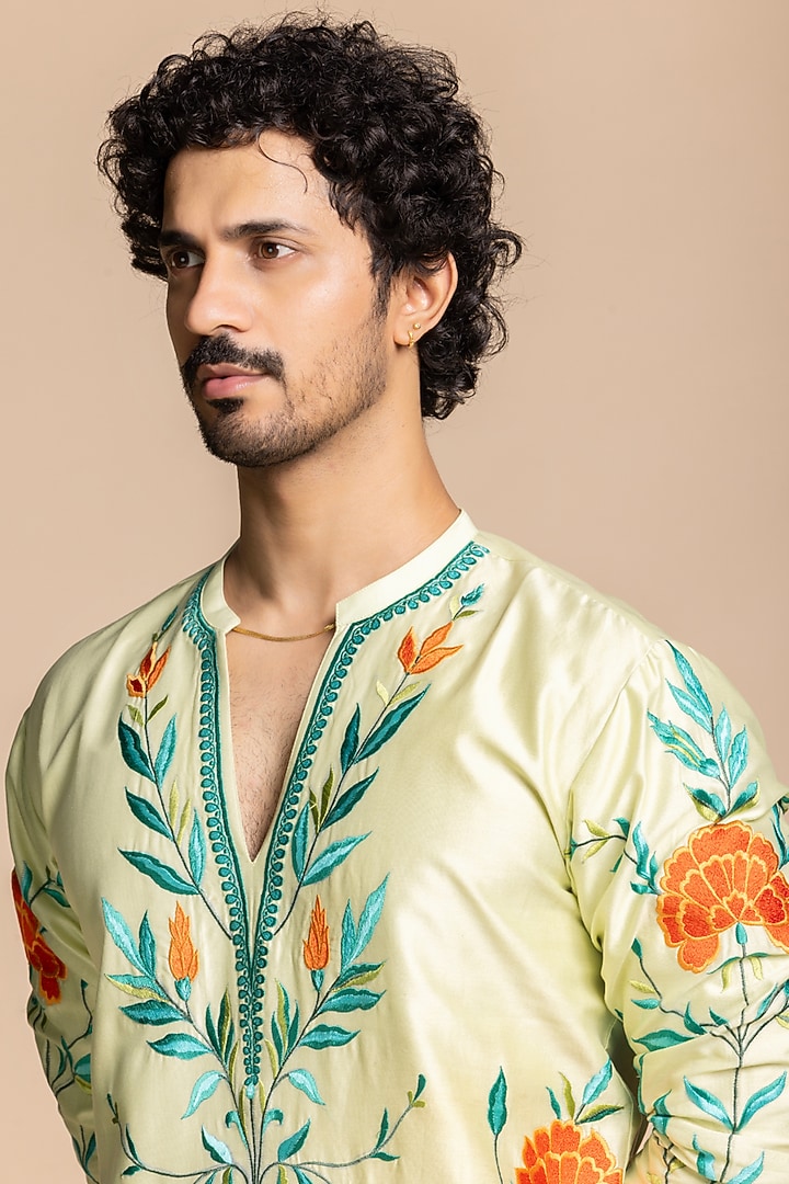 Mint Chanderi Silk Floral Embroidered Kurta Set by Gargee Designers at Pernia's Pop Up Shop