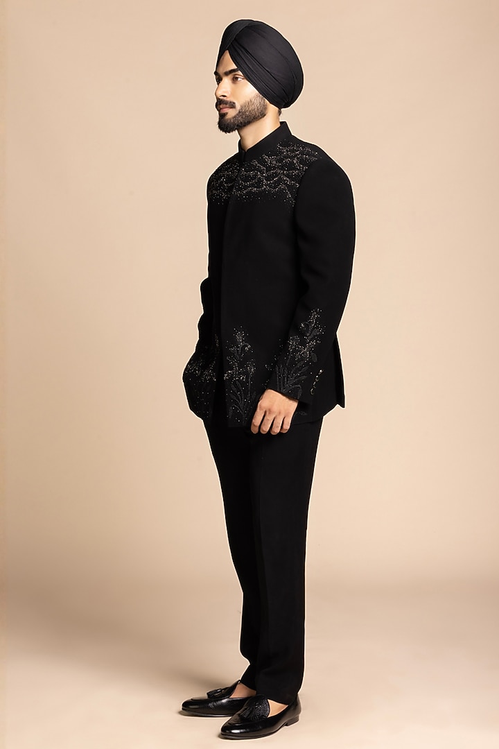Black Polyester Hand Embroidered Wedding Bandhgala Set by Gargee Designers at Pernia's Pop Up Shop