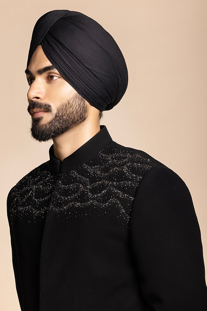 Black Polyester Hand Embroidered Wedding Bandhgala Set by Gargee Designers at Pernia's Pop Up Shop