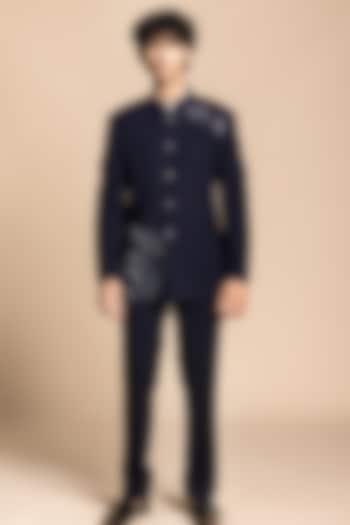 Navy Polyester Floral Embroidered Wedding Bandhgala Set by Gargee Designers at Pernia's Pop Up Shop