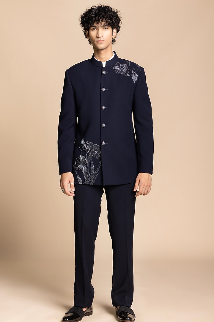 Navy Polyester Floral Embroidered Wedding Bandhgala Set by Gargee Designers at Pernia's Pop Up Shop