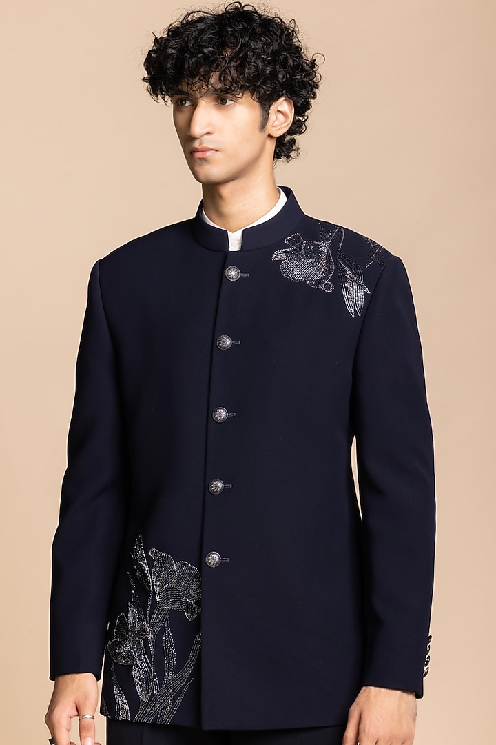 Navy Polyester Floral Embroidered Wedding Bandhgala Set by Gargee Designers at Pernia's Pop Up Shop