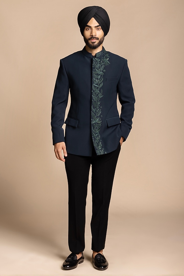 Deep Teal Polyester Floral Embroidered Wedding Bandhgala Set by Gargee Designers at Pernia's Pop Up Shop