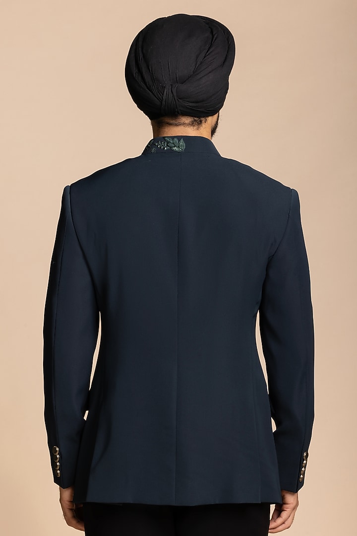 Deep Teal Polyester Floral Embroidered Wedding Bandhgala Set by Gargee Designers at Pernia's Pop Up Shop