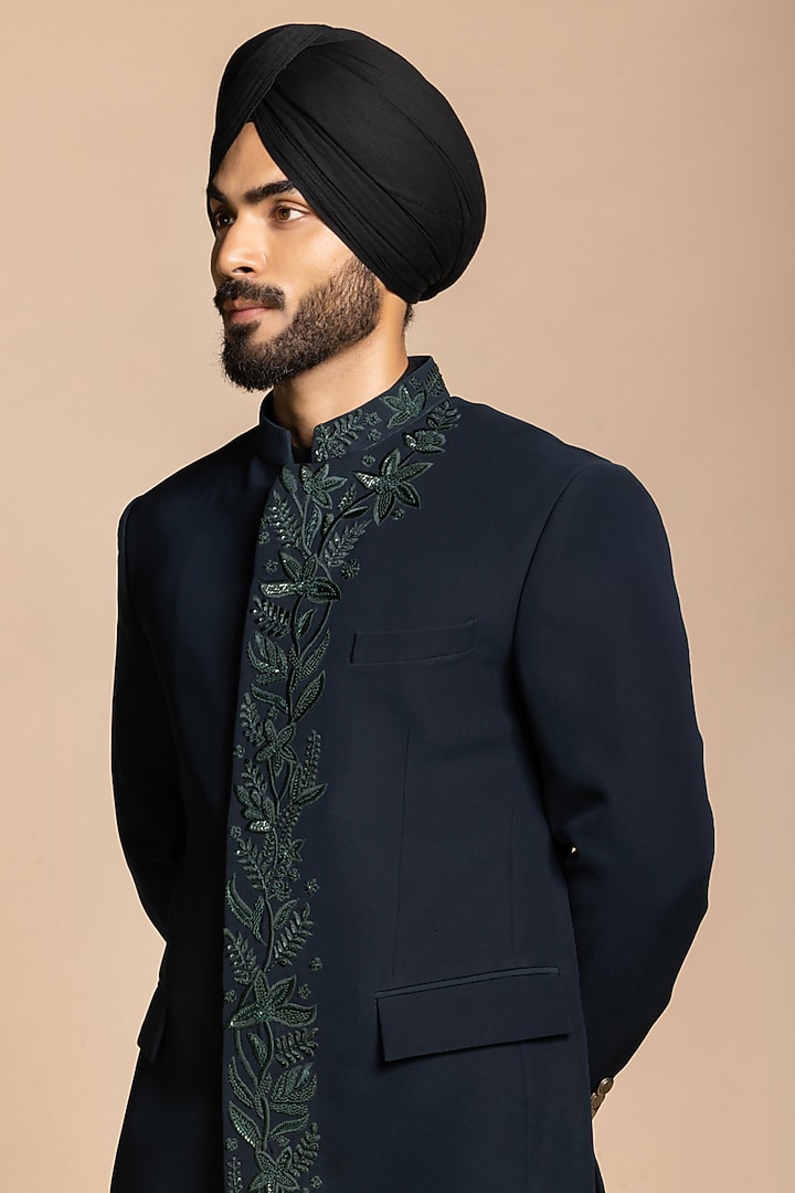 Deep Teal Polyester Floral Embroidered Wedding Bandhgala Set by Gargee Designers at Pernia's Pop Up Shop