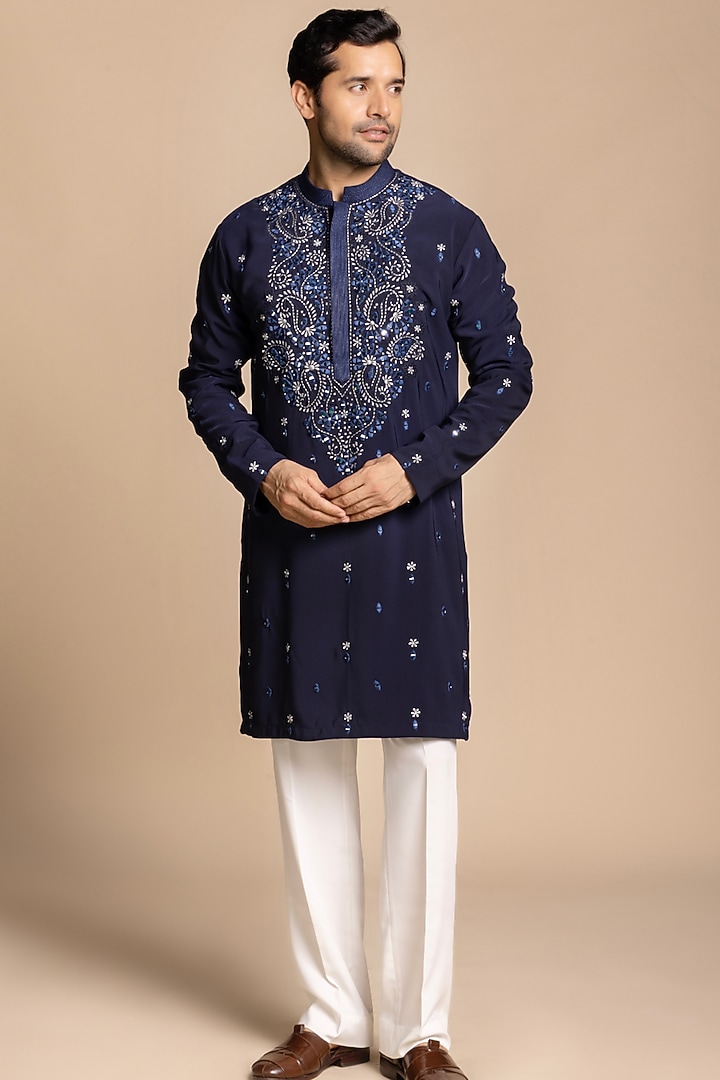 Navy Polyester Embroidered Kurta Set by Gargee Designers at Pernia's Pop Up Shop