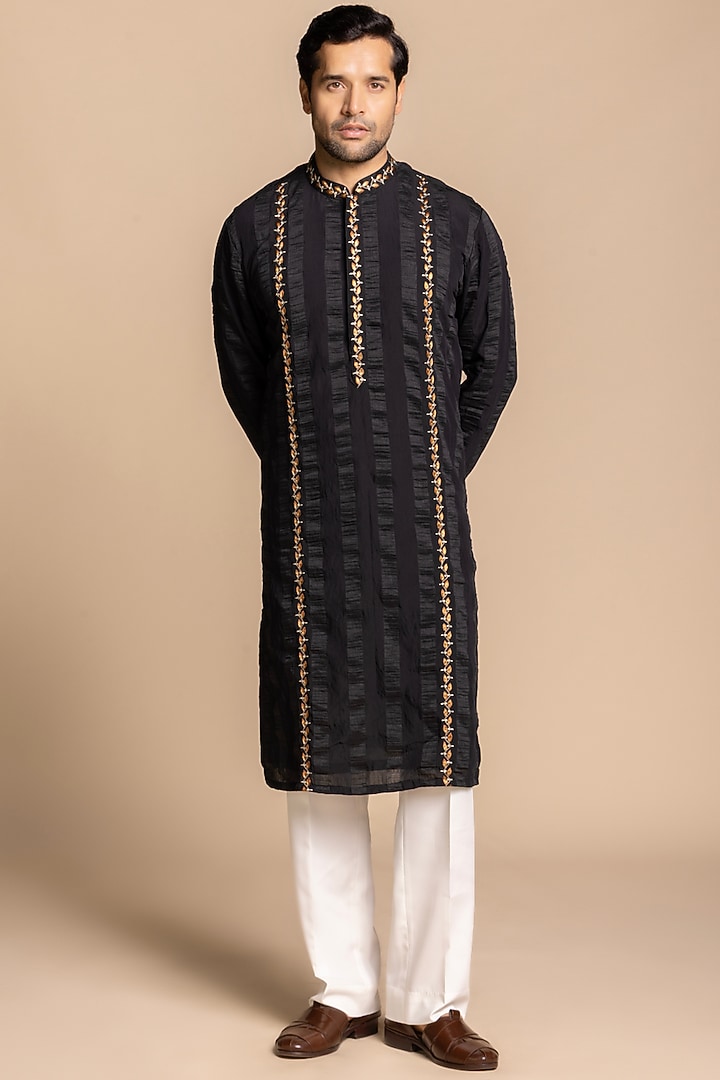 Black Tencel Fabric Embroidered Kurta Set by Gargee Designers at Pernia's Pop Up Shop