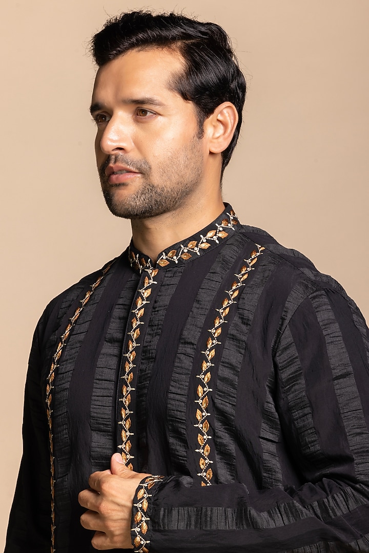 Black Tencel Fabric Embroidered Kurta Set by Gargee Designers at Pernia's Pop Up Shop