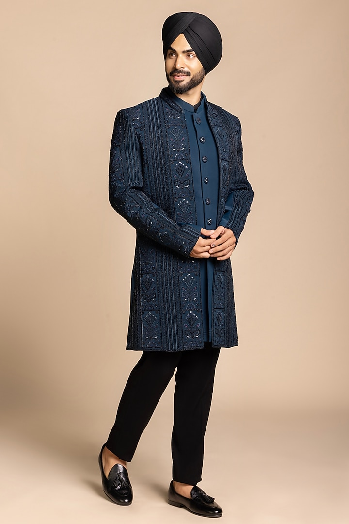 Deep Teal Blue Polyester Embroidered Wedding Indowestern Set by Gargee Designers at Pernia's Pop Up Shop