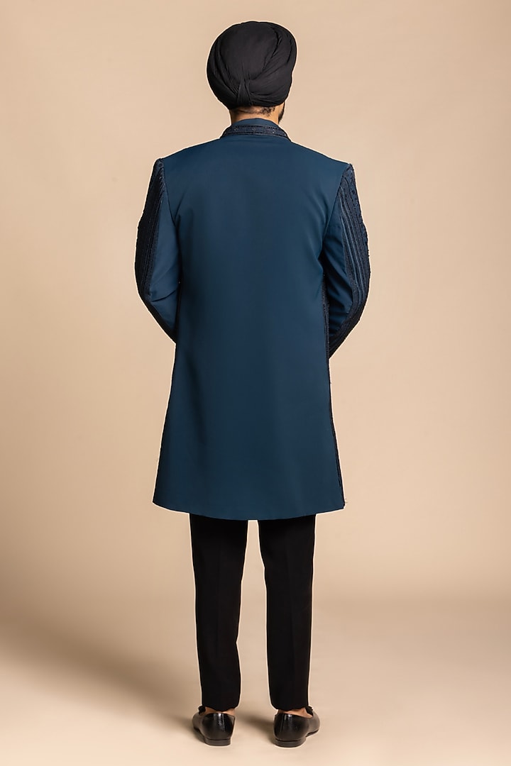 Deep Teal Blue Polyester Embroidered Wedding Indowestern Set by Gargee Designers at Pernia's Pop Up Shop