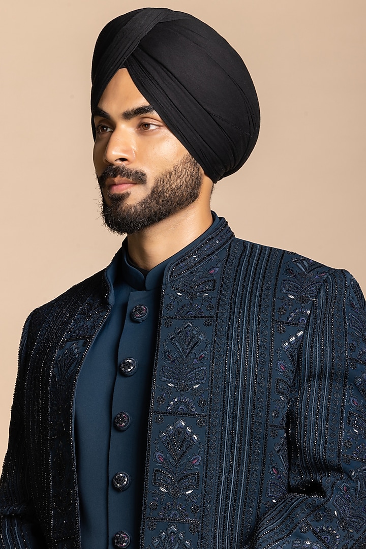 Deep Teal Blue Polyester Embroidered Wedding Indowestern Set by Gargee Designers at Pernia's Pop Up Shop