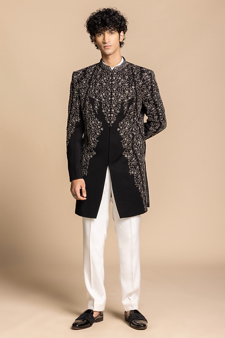 Black Polyester Thread Embroidered Wedding Indowestern Set by Gargee Designers at Pernia's Pop Up Shop