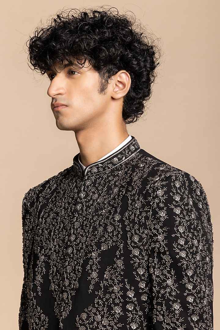 Black Polyester Thread Embroidered Wedding Indowestern Set by Gargee Designers at Pernia's Pop Up Shop