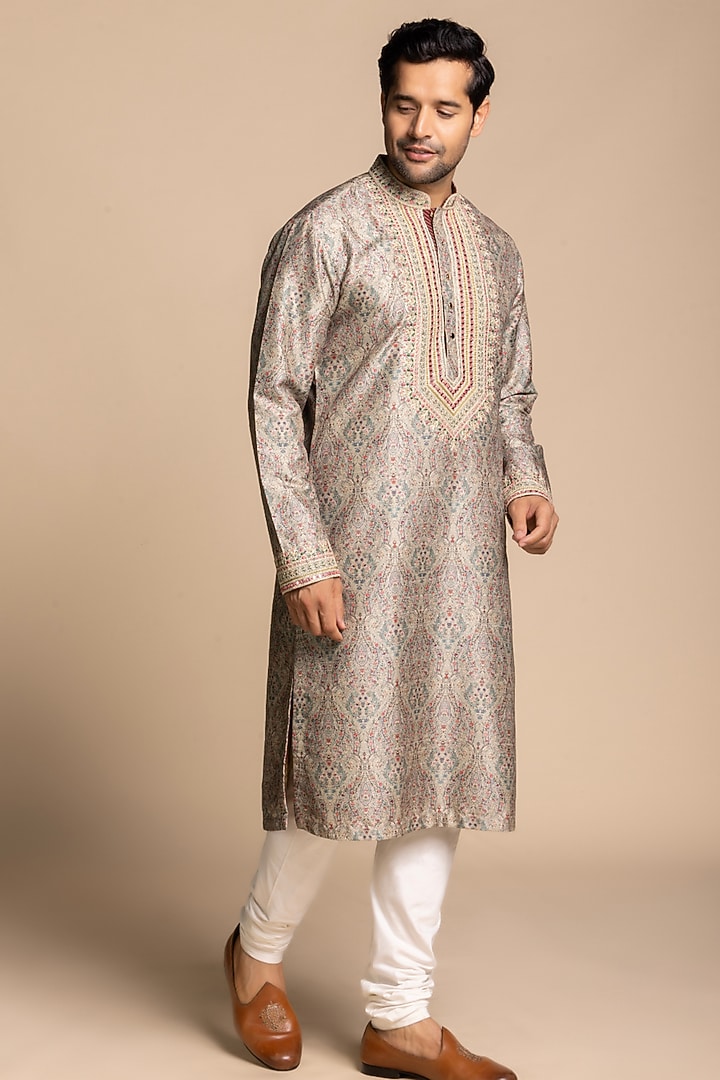 Beige Cotton Silk Printed & Embroidered Kurta Set by Gargee Designers at Pernia's Pop Up Shop