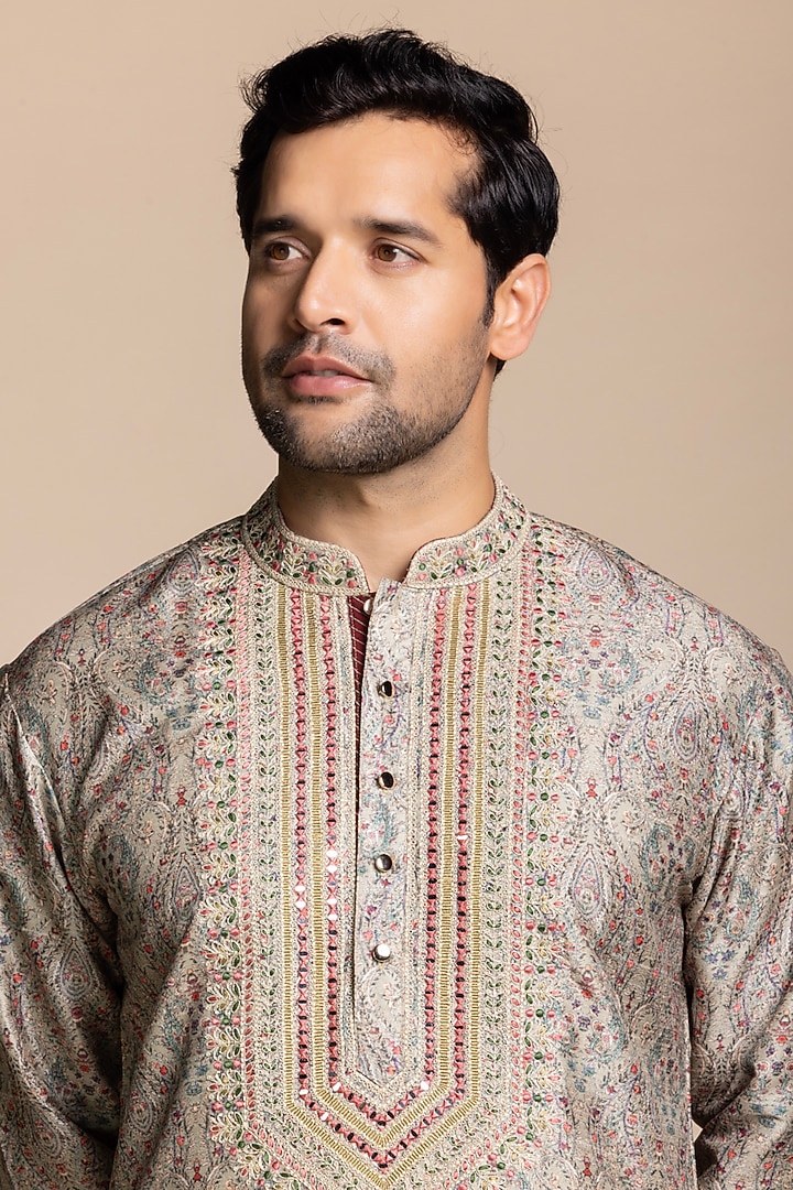 Beige Cotton Silk Printed & Embroidered Kurta Set by Gargee Designers at Pernia's Pop Up Shop