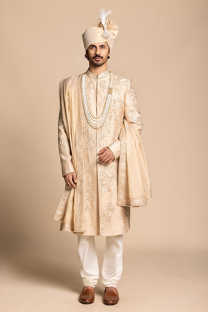 Champagne Raw Silk Hand Embroidered Groom Sherwani Set by Gargee Designers at Pernia's Pop Up Shop