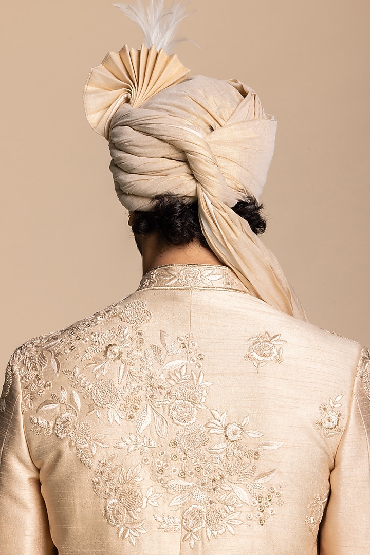Champagne Raw Silk Hand Embroidered Groom Sherwani Set by Gargee Designers at Pernia's Pop Up Shop
