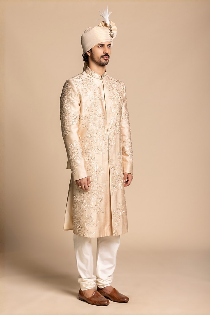 Champagne Raw Silk Hand Embroidered Groom Sherwani Set by Gargee Designers at Pernia's Pop Up Shop