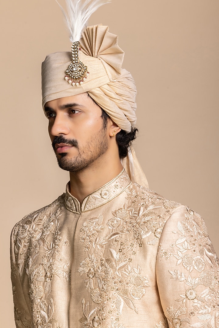 Champagne Raw Silk Hand Embroidered Groom Sherwani Set by Gargee Designers at Pernia's Pop Up Shop