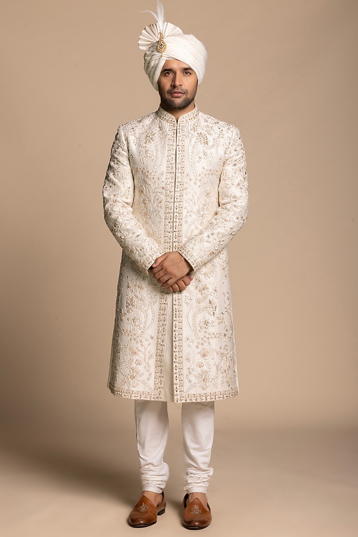 Ivory Raw Silk Floral Embroidered Groom Sherwani Set by Gargee Designers at Pernia's Pop Up Shop