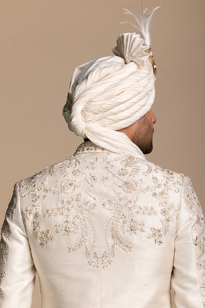 Ivory Raw Silk Floral Embroidered Groom Sherwani Set by Gargee Designers at Pernia's Pop Up Shop