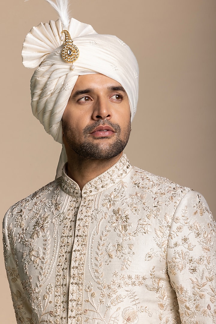 Ivory Raw Silk Floral Embroidered Groom Sherwani Set by Gargee Designers at Pernia's Pop Up Shop