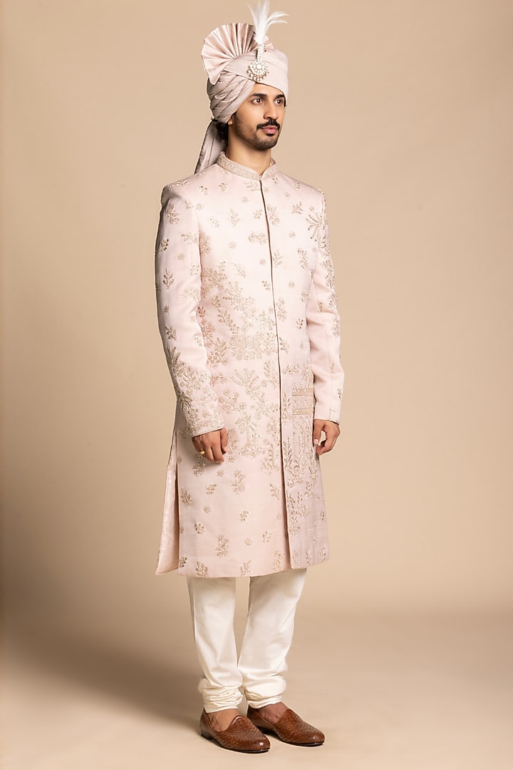 Blush Pink Poly Silk Floral Embroidered Wedding Sherwani Set by Gargee Designers at Pernia's Pop Up Shop